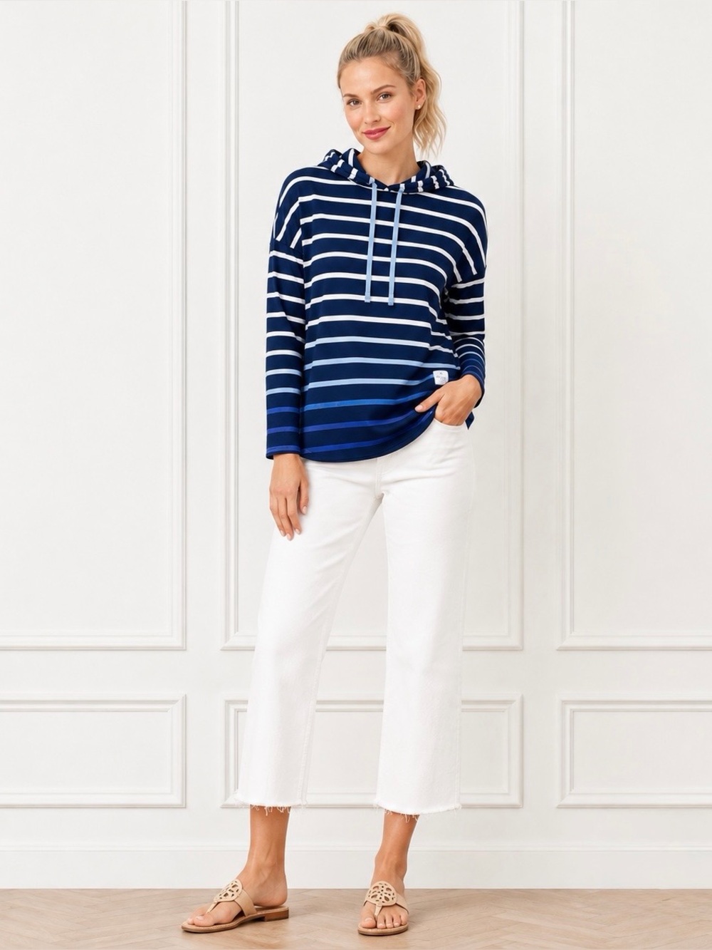 Southern Tide $98 Womens XS Skipper Hoodie Blue Ombre Stripe Pima Cotton Top